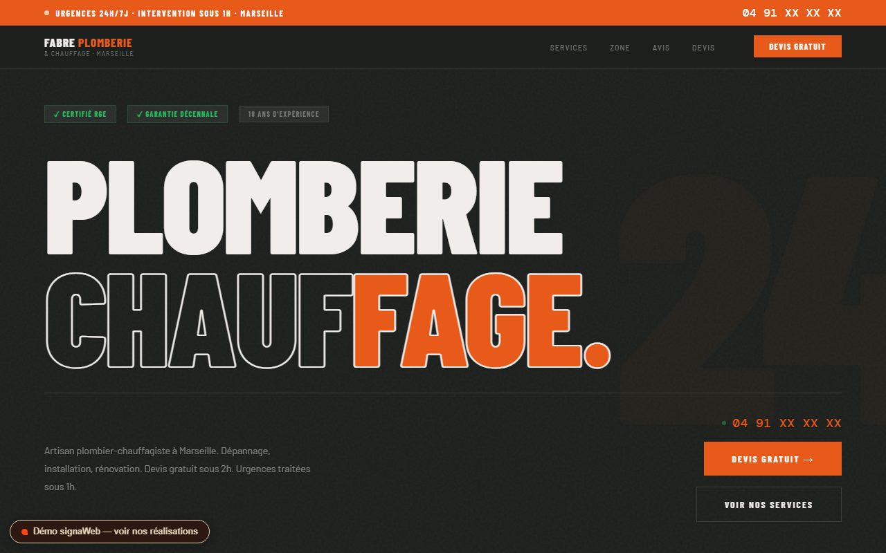 Page d'accueil du site démonstration Fabre Plomberie : artisan plombier-chauffagiste à Marseille, typographie affirmée et bandeau urgences 24h/7j