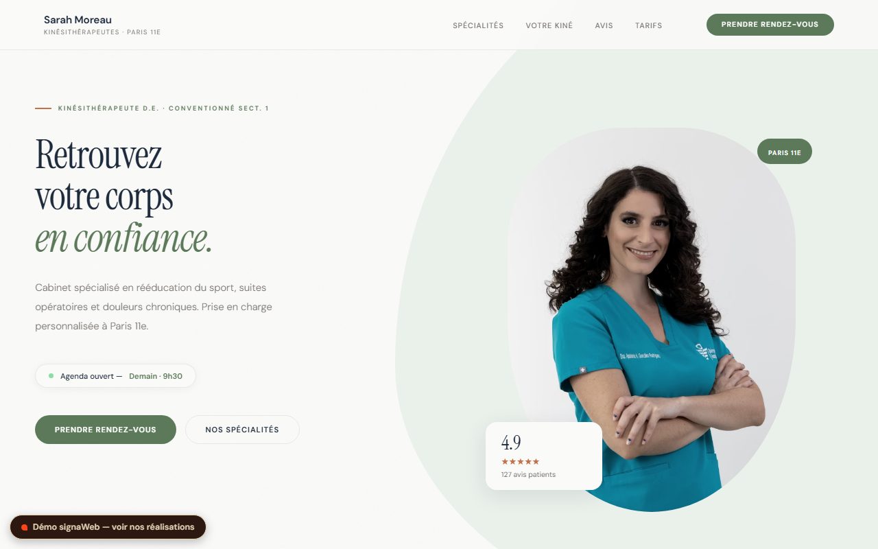 Page d'accueil du site démonstration Sarah Moreau : cabinet de kinésithérapie à Paris 11e, tons sauge apaisants et prise de rendez-vous